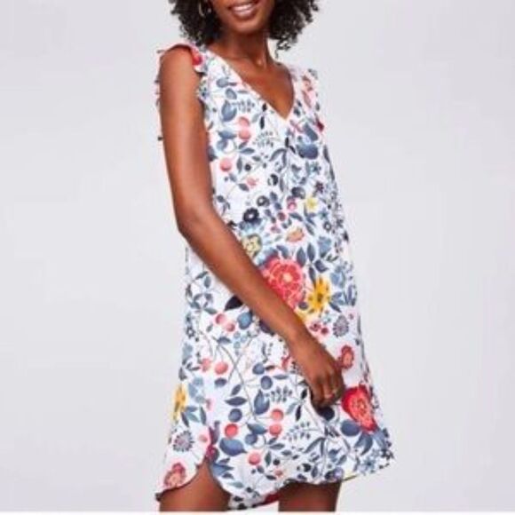 LOFT Southwestern Floral Red, Blue + Yellow Ruffle Short Sleeve Shift Dress, S - Picture 1 of 4